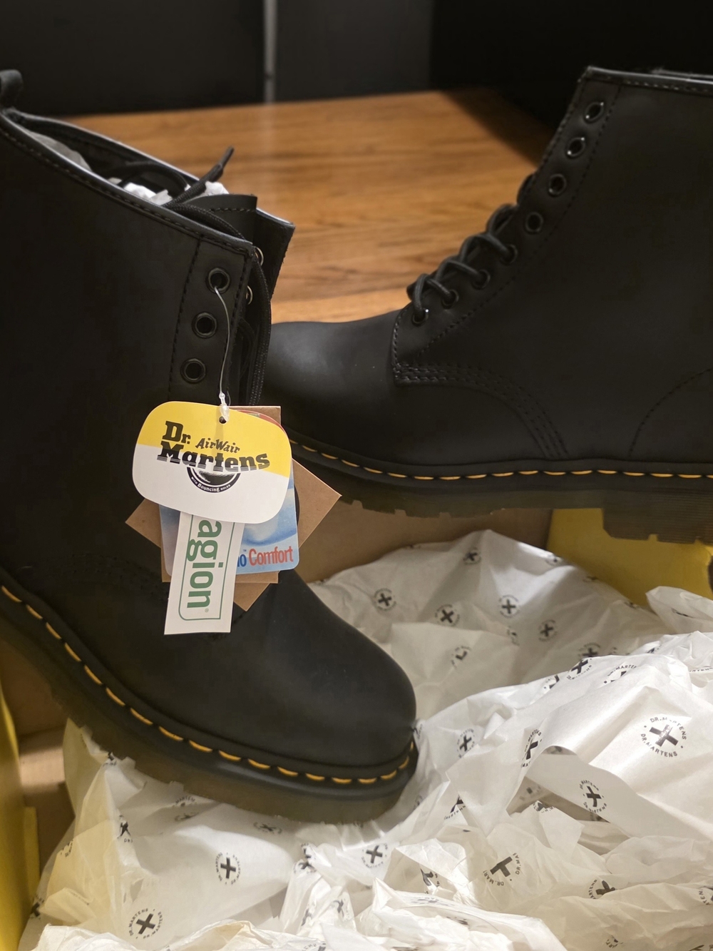 Mens - Dr. Martens Black Leather 8-Eye Lace-Up Boots with Yellow Stitching